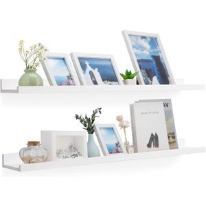 White Floating Shelves for Wall, Wooden Wall Mount Bathroom Shelves with Lip for Bedroom, 48 Inch Farmhouse Picture Ledge Shelf, Hanging Photo Shelves for Living Room Kitchen(White, 2 Pack, 48 Inch)