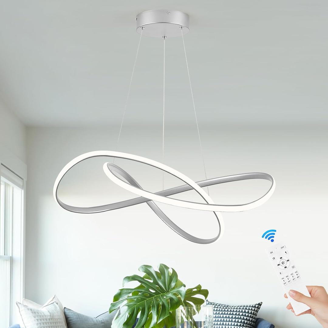 Modern Chandelier Silver D20in LED Pendant Light Fixtures for Kitchen Island, Contemporary Ring Chandelier High Ceiling with Remote Control for Dining Room Living Room Entryway, 3000-6500K, Small
