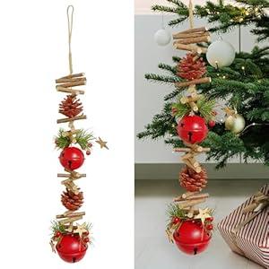 23.6 Inches Christmas Pinecone and Bell Hanging Garland Decoration, Rustic Wood Stick and Pine Leaf Garland with Bells, Holiday Ornament for Door Wall Fireplace, Indoor Outdoor Xmas Decor (Red)