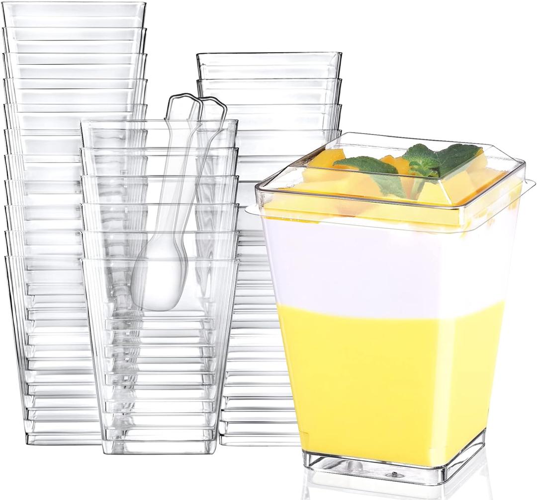 Eupako 100 Pack 5 oz Square Clear Plastic Dessert Cups with Lids and Spoons, Small Clear Plastic Tumbler Cups Set, Great for Desserts, Appetizers, Puddings, Mousse