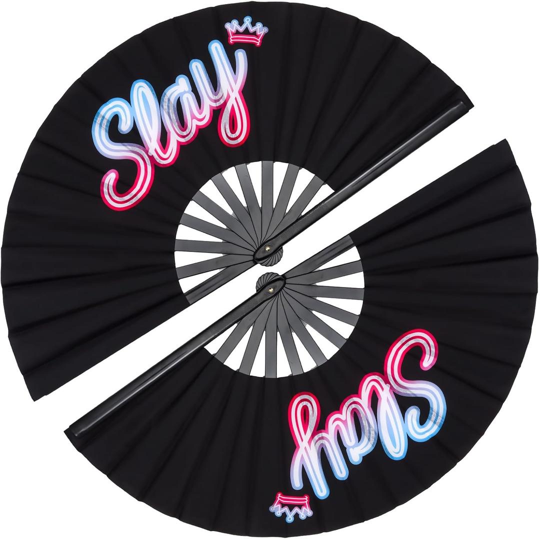 2 Pack 13 Inch Clack Popping Line Dancing Fans Boots on The Ground Large Foldable Clacking Hand Fan Make Sound for Dance Rave (Slay)