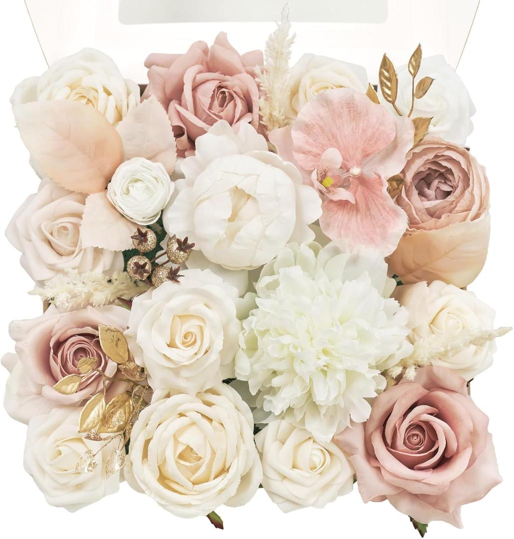 TINGE TIME Artificial Flowers Combo Mix Silk Flowers Pink Roses w/stem for DIY Wedding Bridal Bouquets Baby Shower Floral Arrangement Table Centerpieces Home Decorations (Dusty Rose & Champagne)