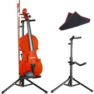Mr.Power Universal Violin Ukulele Stand with Bow Holder, Head Locking Instrument Tripod Holder for Mini Guitar, Fiddle, Mandolin Soprano Concert Tenor Ukulele, for Home School Studio Churches Display