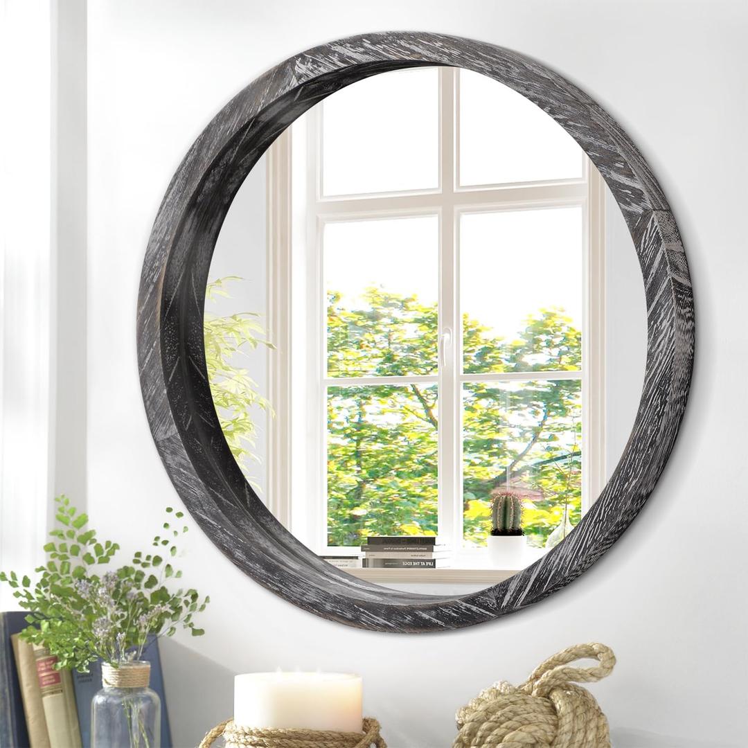 JJUUYOU Circular Wall Mirror Round Mirror for Bathroom Small Circle Wall Mounted Mirror for Decor Wooden Make up Mirror for Farmhouse Living Room Bedroom 12Inch (12"L x 12"W, Dark)