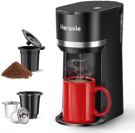 Horavie Mini Single Serve Coffee Maker for K Cup and Ground Coffee, Fast Brew One Cup Coffee Machine with Descaling Reminder and Water Window, 6 to 12 oz. Brew Sizes, Black