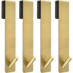Shower Door Hooks (4 Pcs), 304 Stainless Steel, 7.5x1.18in, Gold, Frameless Glass Door Towel Storage, Lightweight, Heavy Duty, Rust Resistant, Removable, Non Slip