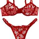 Lilosy Sexy Underwire Cute Push Up Strappy Embroidered Mesh Sheer Lingerie Set See Through Panty Bra, 4XL