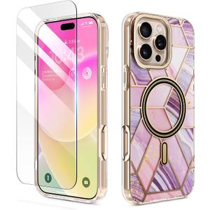 4 x MATEPROX Magnetic Marble Compatible with iPhone 16 Pro Case 6.3'' [2024],Stylish 3D Pattern Protective Phone Cases [Compatible with MagSafe] with Screen Protector Lanyard-Marble Purple
