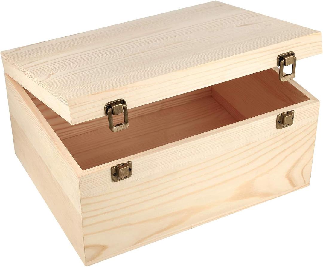 Woiworco Extral Large Wooden Box, 13 x 10 x 6.5 inch Natural Unfinished Pine Wood Boxes with Hinged Lid and Front Clasp for DIY Craft Art, Hobbies, Jewelry Box and Home Storage