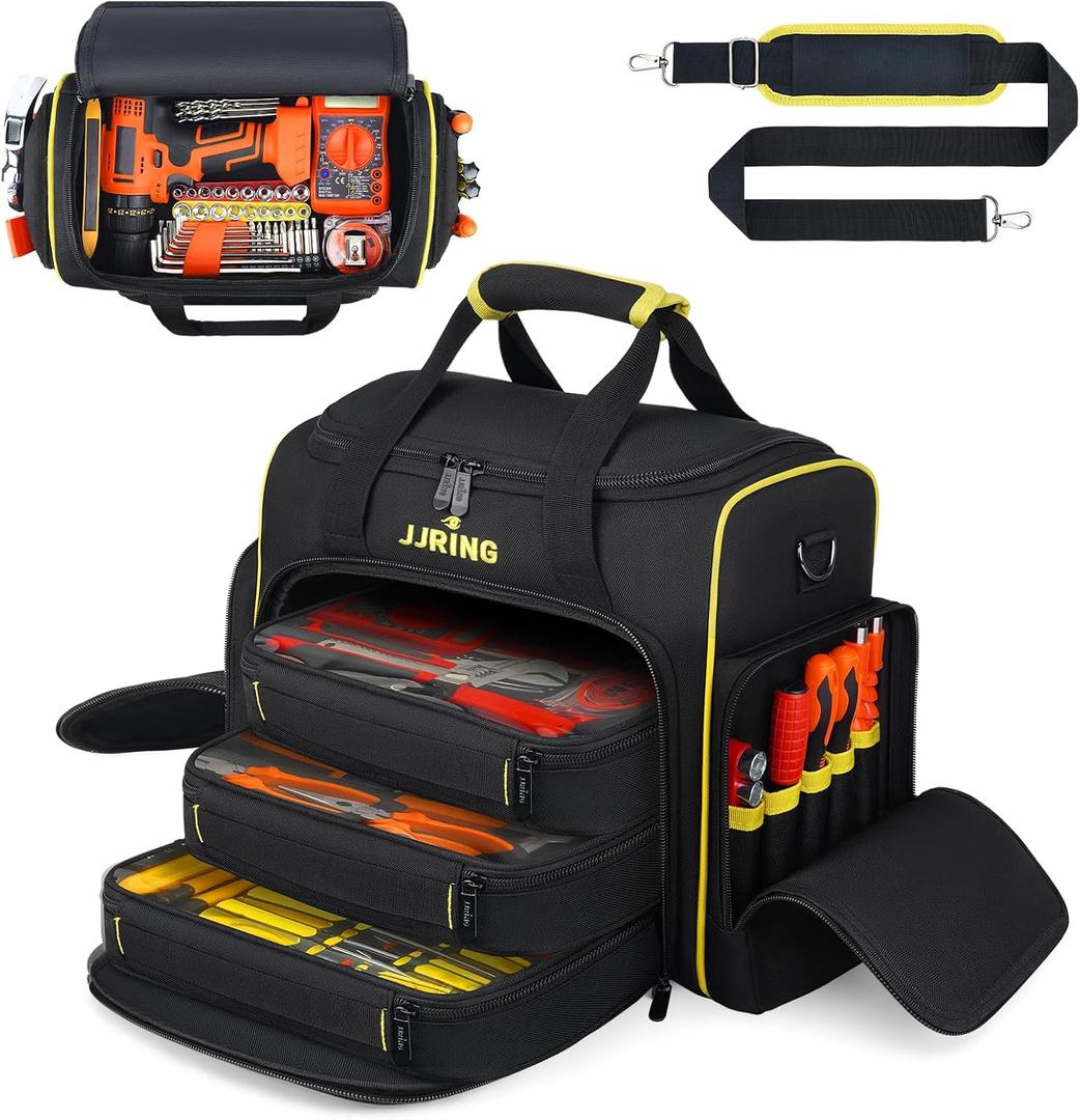 JJRING 2.0 Gen Tool Bag With 3 Removable Cases, Double Layers&Large Capacity Tool Tote, Multi-Pocket Organizer For Tools and Crafts, Durable And Water-Resistant(Yellow)