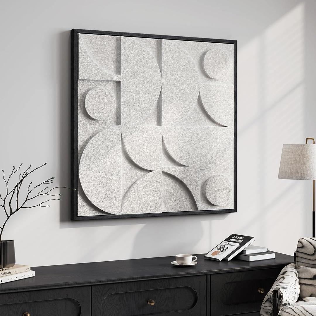 Large 3D Textured Framed White Abstract Wall Art for Living Room, Modern Geometric Sandstone Texture Paintings Artwork for Walls, White Minimalist Pictures for Bedroom Hallway Wall Decor 30x30 In