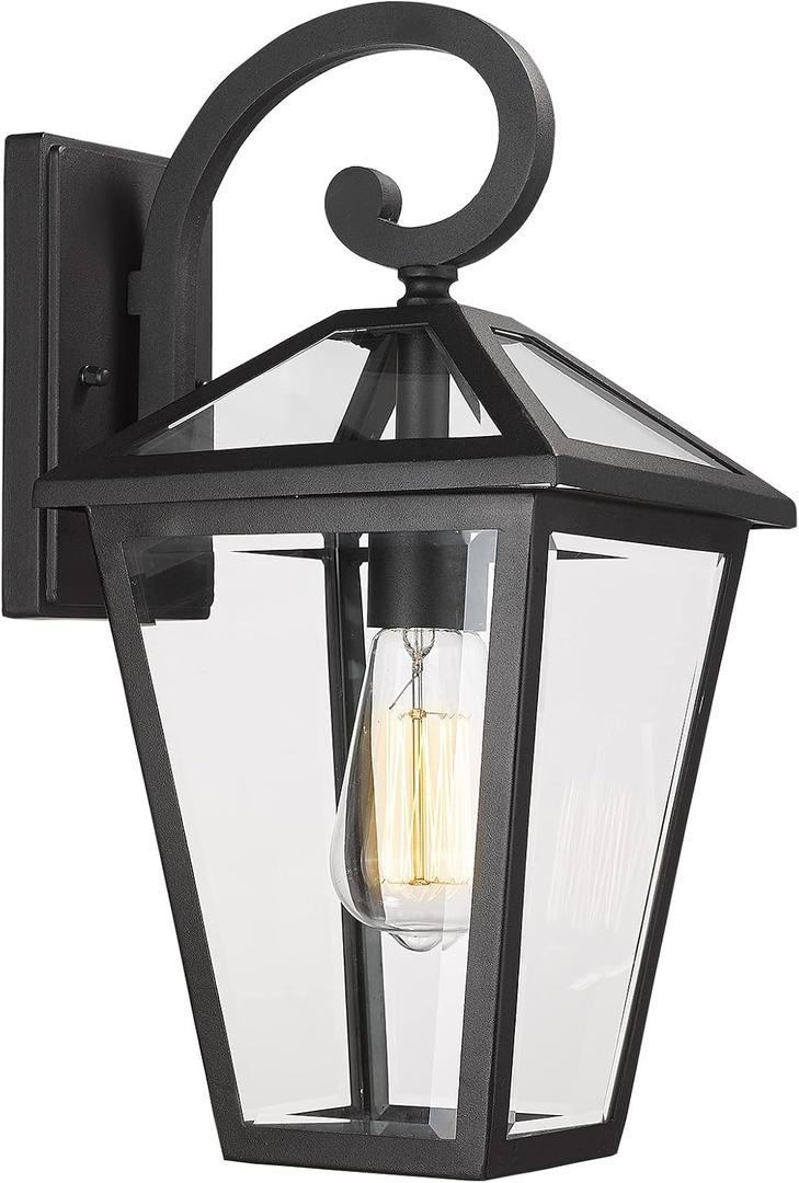 Outdoor Light Fixtures Wall Mount, Waterproof Exterior Wall Lanterns with Glass, Outside Wall Sconces, Front Porch Lights for House Garage Doorway Patio (Black, Clear Glass), Medium