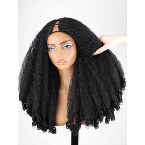 Black Afro Curly V Part Wig Synthetic Braided Hair Texture with Unique Bouncy Curls in the End 20 Inch Soft Curly Full Hair V Part Wigs Synthetic for Black Women No Leave out Clip in Half Wig