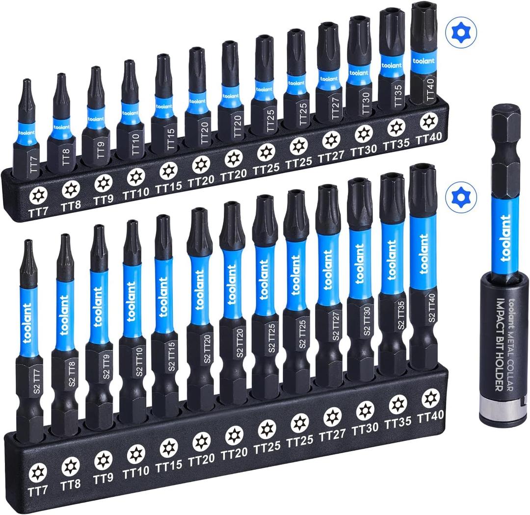 toolant Impact Torx Bit Set 27pcs (TT7-TT40), S2 Steel Security Torx Bit Set, Tamper Proof Star Bit Set with CNC Machined Tips, 1"&2" Long Impact Bits with Magnetic Bit Holder and Storage Box (26+1PCS)