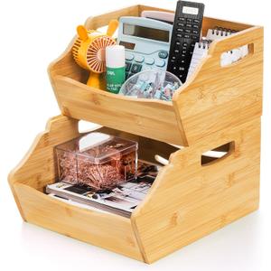 2 Pack Bamboo Stackable Storage Bin, Countertop Open Front Stacking Bins, 2 Tier Organize Basket Box with Handle, Food Fruit Container for Cabinet, Kitchen, Studio, Office