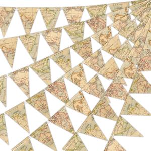5PCS Bon Voyage Party Decorations 41FT Pre-Strung Vintage Map Travel Themed Bunting Banner, Adventure Awaits Triangle Flags Pennant Garland for Going Away, Graduation, Retirement, Farewell