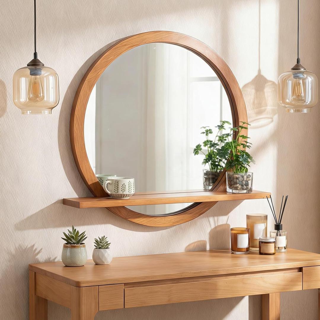Vercraft 24 Inch Round Wall Mirror with Shelf Solid Wood Frame Rustic Circle Mirror Handcrafted for Entryway Bathroom or Living Room Decorative