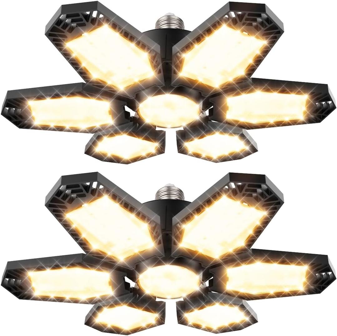 2 Pack Light 120W Warm Light Garage Lighting Ceiling fixtures led Basement Light 3000k deformable Garage Lighting Screw in 12000LM LED Shop Light Bulb for Basement Workshop Warehouse Barn