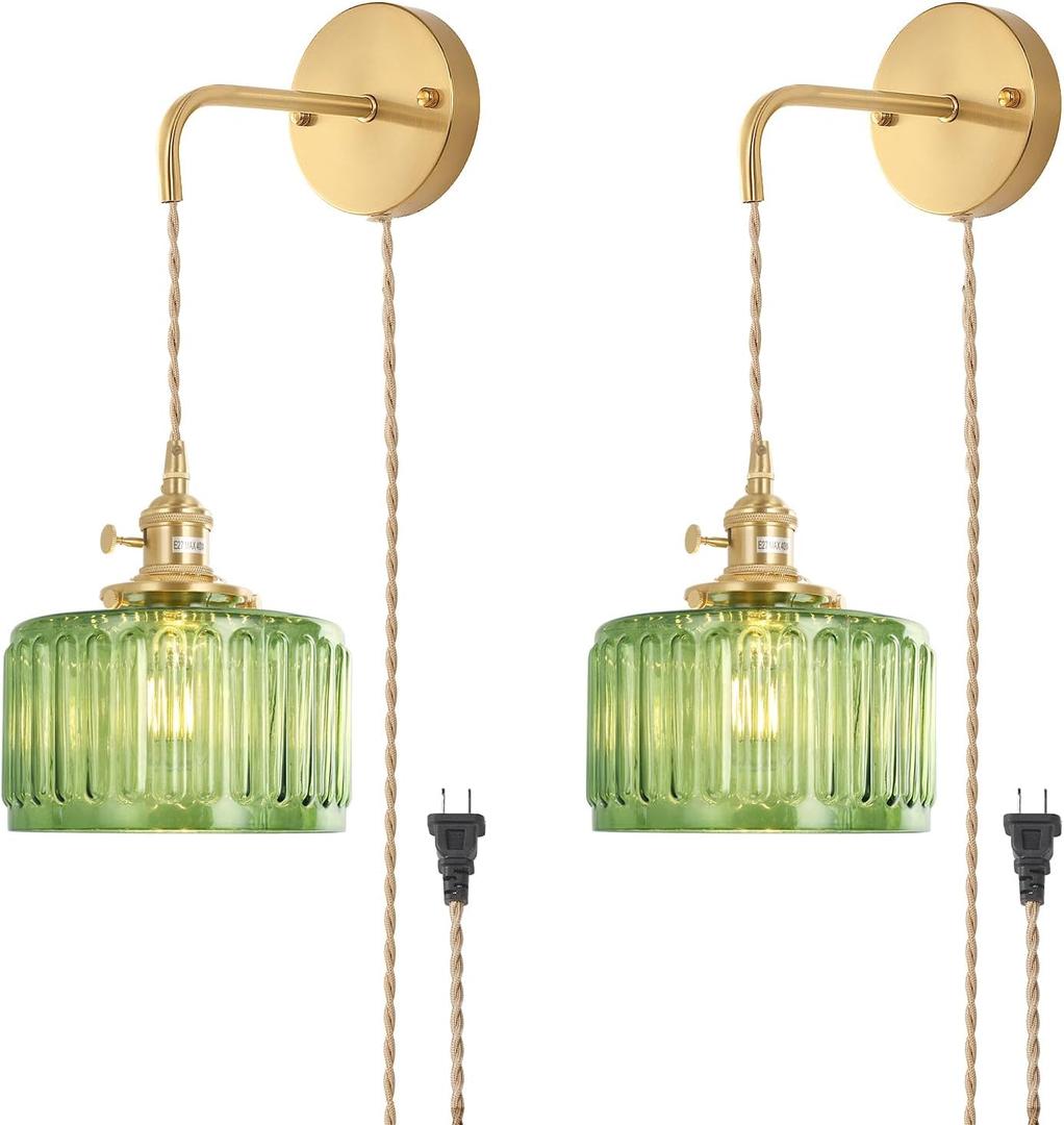 Shenmoyl Vintage Wall Sconce with Green Striped Glass Shade Hanging Wall Sconce with 4.9FT Plug in Cord, Modern Wall Lamp Fixtures Decor for Bedside Bedroom Indoor Doorway, Set of 2