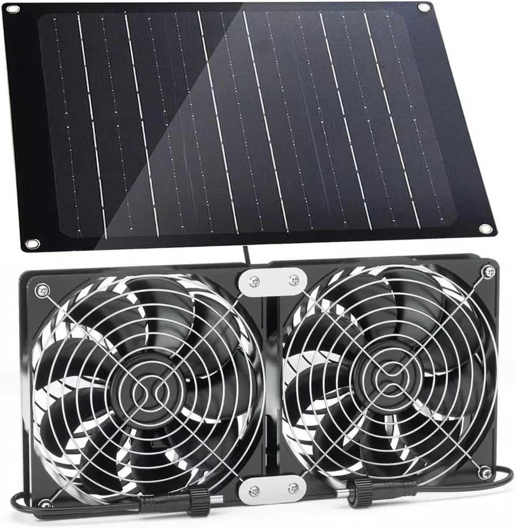 Solar Fan, 30W Solar Powered Fan with Two IPX7 Waterproof Fans for Outside Greenhouse Shed Chicken Coop, Exhaust Intake Mounting Way and Solar Exhaust Fan