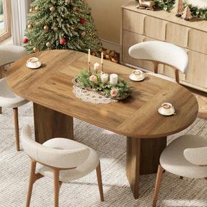 LITTLE TREE 63" Rustic Oval Dining Table for 2-4, Sturdy MDF Farmhouse Kitchen Table with Metal Strip Base, for Living Room, Office, Restaurant, Multi-Use, Umber
