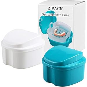 Denture Bath Box Cup, Complete Clean Care for Dentures, Clear Braces, Mouth Guard, Night Guard & Retainers,Traveling (Blue & White)