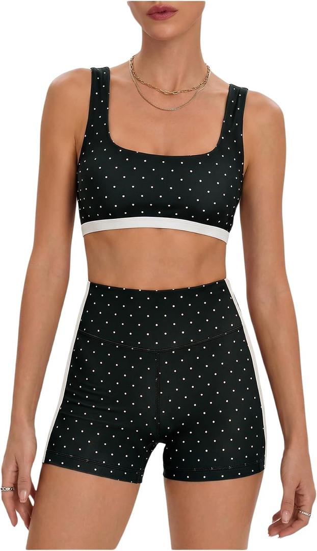 Milumia Women's Polka Dots Workout Set 2 Piece Color Block Bra Tank High Waisted Biker Shorts Layered Matching Yoga Outfit, M