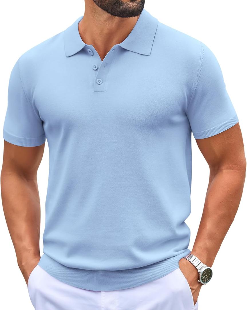 COOFANDY Mens Knit Polo Shirts Casual Short Sleeve Button Down Polo Shirt Classic Golf Shirts (Blue, M)