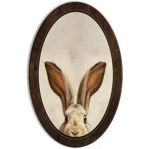 KDHTY Vintage Easter Bunny Oval Framed Wall Art Decor,Cottage Animal Rabbit Wall Art Canvas Frame Hanging,Retro Farmhouse Rustic Cottagecore for Home Bedroom Living Room Decoration,15.7x10.2