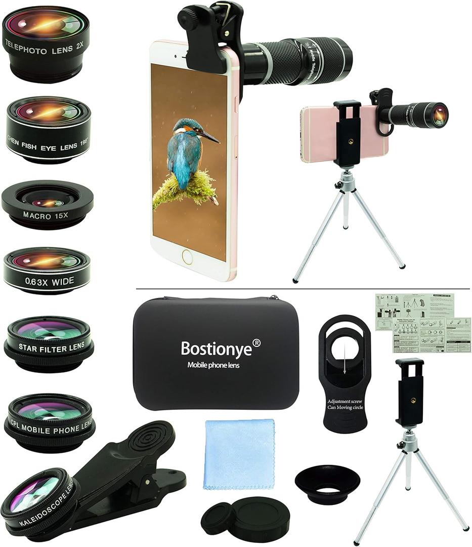 Cell Phone Camera Lens Kit,11 in 1 Universal 20x Telephoto 0.63Wide Angle 15X Macro 198Fisheye 2X Telephoto Kaleidoscope CPL Starlight Eyemask Tripod,for Most iPhone Smartphone (Black)