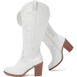 Luoika Women's Extra Wide Calf Cowboy Knee High Boots，Wide Width Cowgirl Boots Chunky Pump Heel Plus Size Western Tall Boots. White 230701 9.5XW
