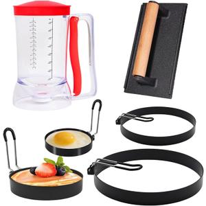6 Piece Griddle Breakfast Kit for Blackstone, Griddle Accessories Set - Included Pancake Batter Dispenser, Heavy Duty Grill Press,8" Large Omelette Ring,6" Pancake Ring,4" Round Egg Ring,3"Egg Ring