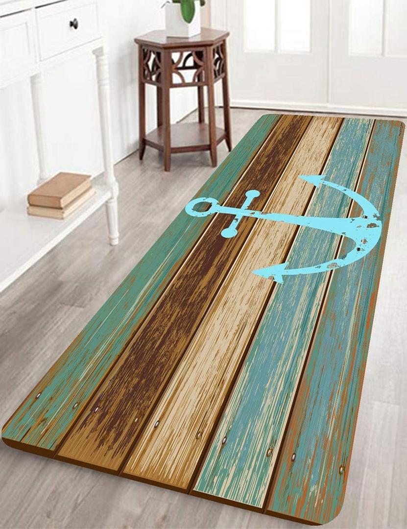 Bathroom Rugs, Kitchen Rug Non-Slip Soft Absorbent Bath Mats with Nautical Anchor Flannel for Bathroom Kitchen and Hallway 24 inches X 71 inches Turquoise/Brown (2' x 5'11" (Rectangular))