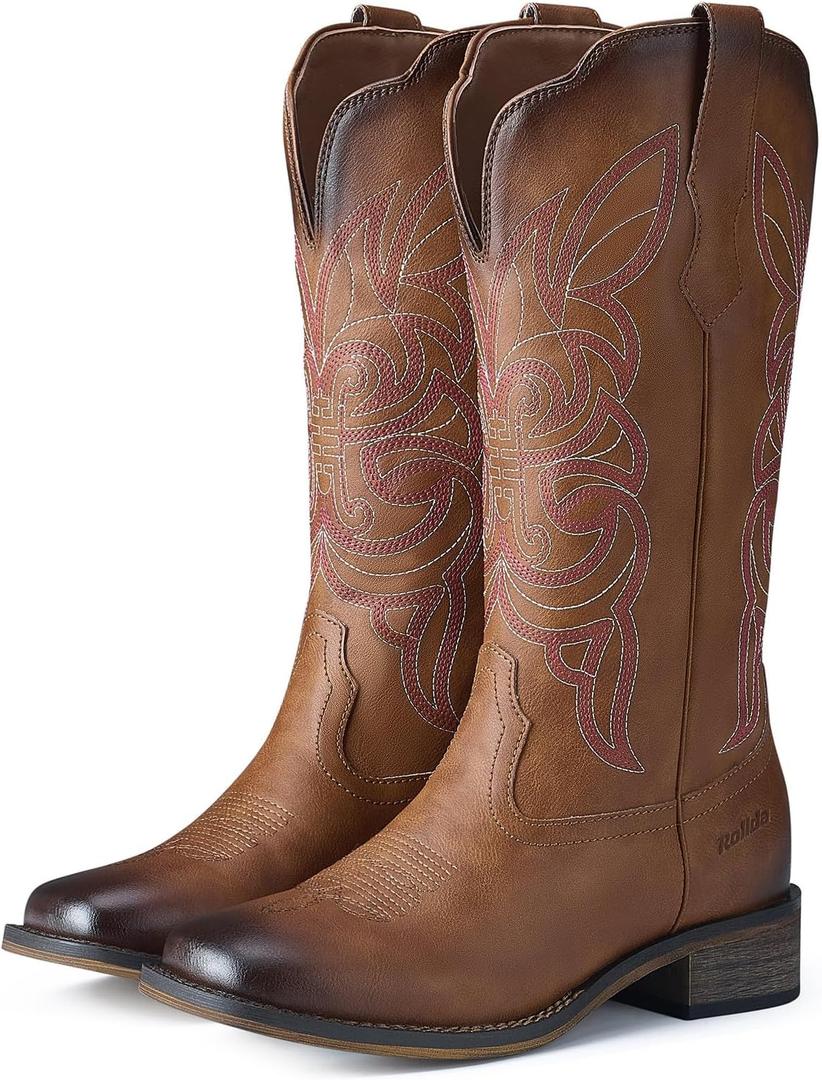 Rollda Cowgirl Boots Cowboy Boots for Women Square Toe Mid Calf Western Boots Ladies Fashion Boots with Chunky Heel, Size 9 