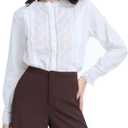 Womens Dressy Casual Lace Blouse Cotton Long Sleeve Button Up Shirts Tops (X-Small, White Collarless Standard)