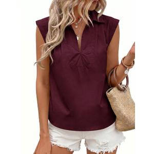 Tankaneo Womens Summer V Neck Tank Tops Collared Sleeveless Shirts Trendy Casual Loose Fit Blouse Burgundy (S)