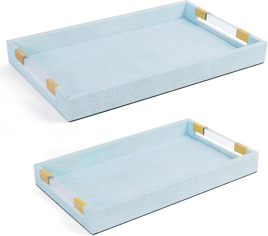 2 Pack Large Ottoman Tray Shagreen Decorative Tray Serving Tray with Acrylic Gold Handles, Ice Blue Vegan Leather Coffee Table Tray for All Occations Home Decor