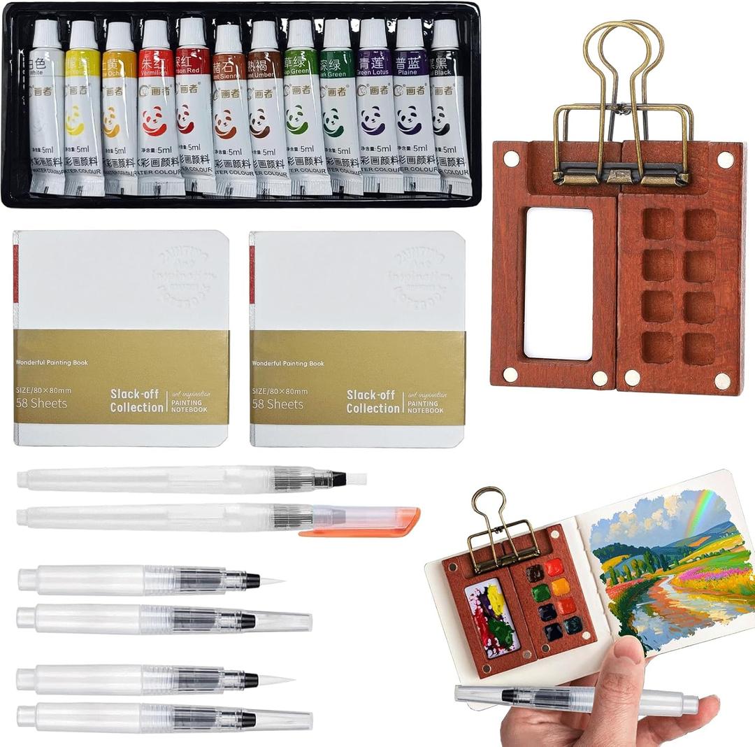 Pocket Artist Watercolor Travel Set, with 1 Walnut Wood Portable Palette (8 Grids), 12 Vibrant Paints, 2 Sketch Books, 6 Brush Pens, Mini Watercolor Paint Set for Artists, Outdoor or Urban Sketchers