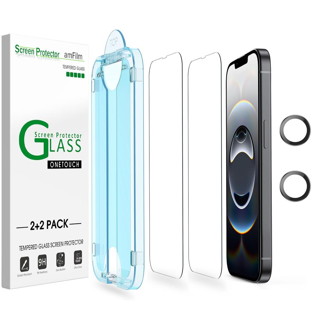 amFilm Auto-Alignment OneTouch for iPhone 16e [6.1''] Screen Protector + Camera Lens Protector, Tempered Glass, 30 Seconds Installation, Bubble Free, Case Friendly, Anti-Scratch [2+2 Pack]
