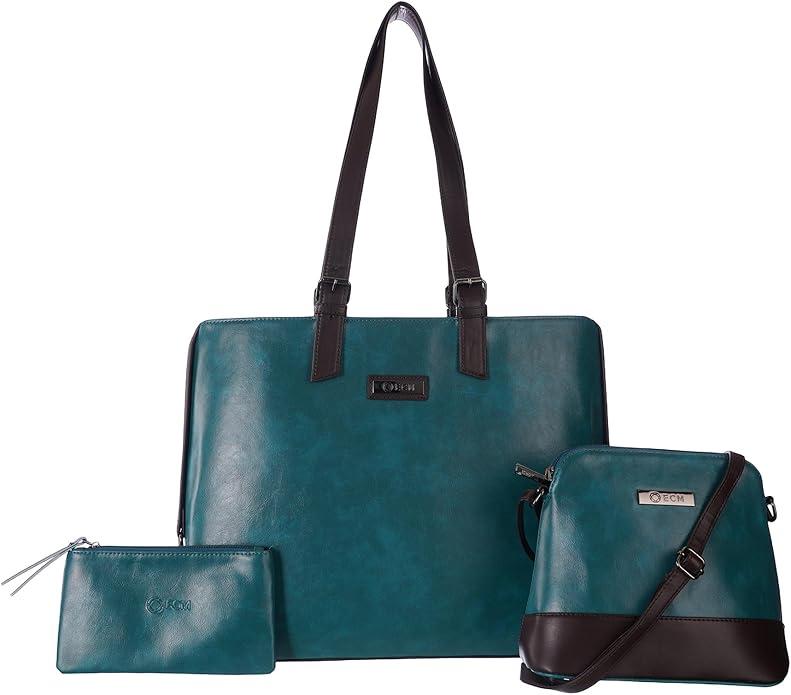 ECM 3pcs Vegan Tote Set for Women-Stylish Top Handle Laptop Bag Purse Sling Handbag Cosmetic Pouch bag-Travel Work Leisure Teal
