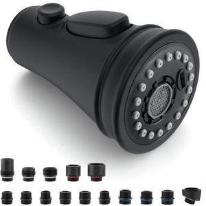 Kitchen Faucet Spray Head Replacement - Pull Down Faucet Sprayer Head with 15 Adapters, 3-Function Kitchen Sink Faucet Head, Replacement Pull Out Faucet Head Nozzle, Matte Black