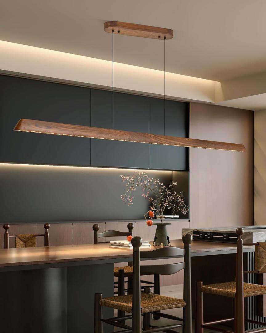 71" Wood Linear Pendant Light, Dimmable Kitchen Island Lighting with Remote, 30W LED Island Lights for Kitchen, Adjustable Linear Chandelier for Dinning Room Light Fixture, Bar, Pool Table - Walnut
