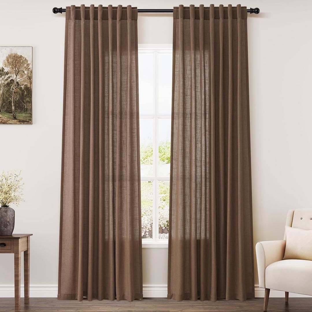 Caramel Brown Linen Curtains 84 Inches Long for Bedroom Back Tab Light Filtering Privacy Semi Sheer Drapes Modern Farmhouse Decor Cotton Textured for Living Room Curtain 2 Panels Set 52x84 Inch