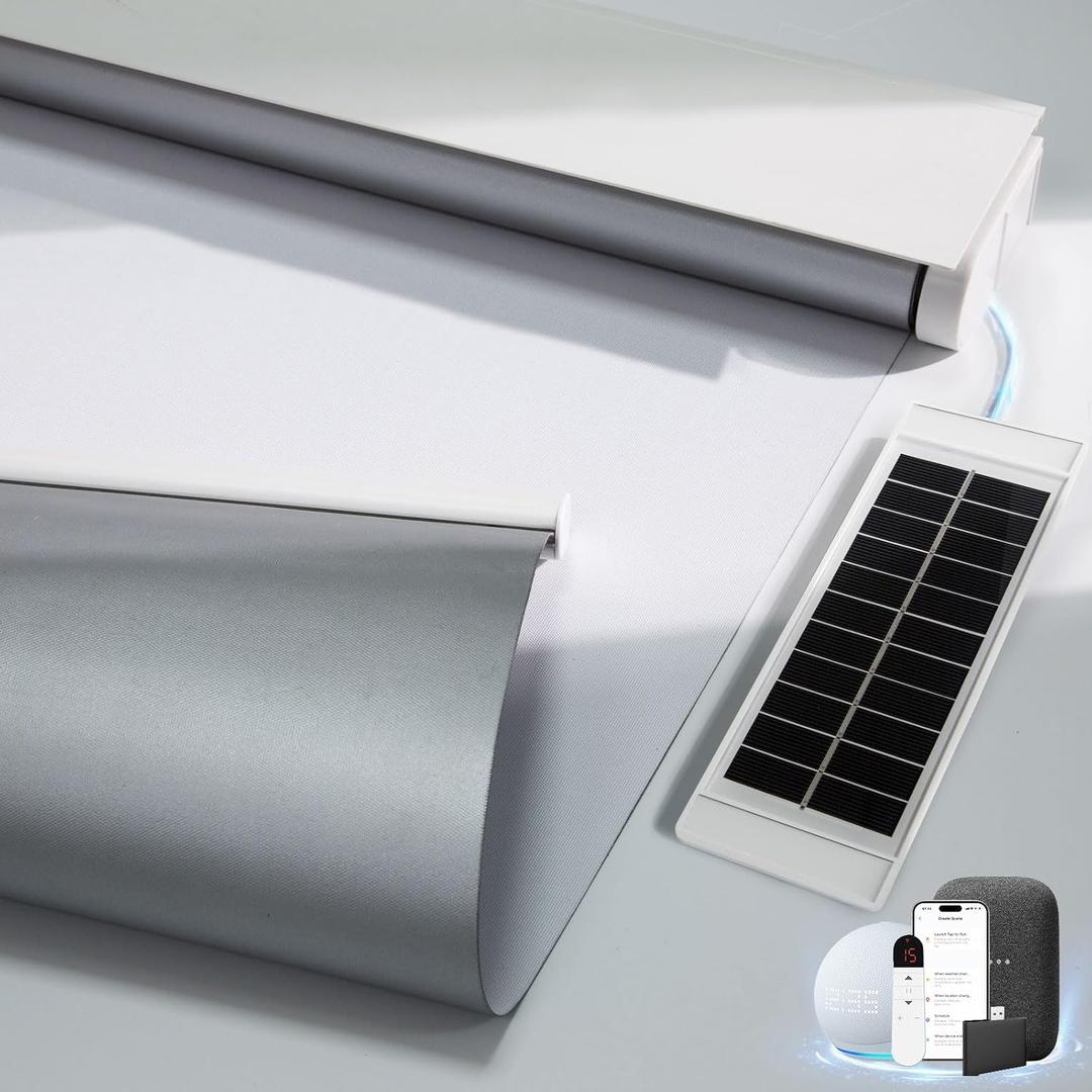 Motorized Blinds with Remote, Smart Blinds with Solar Panel, Thermal Blackout Electric Blinds, Automatic Blinds for Windows Compatible White 34" W x 72" H