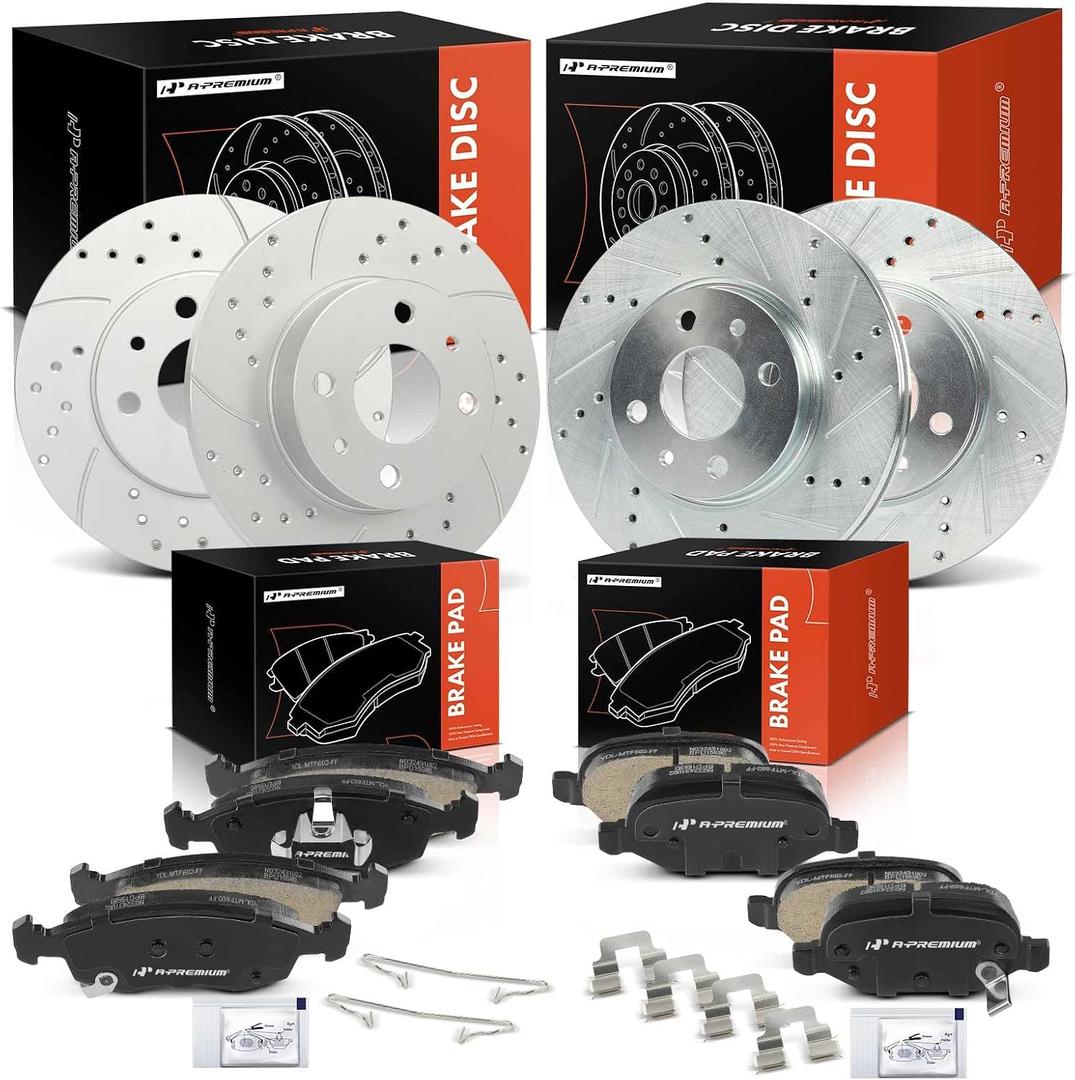 A-Premium Front and Rear Drilled and Slotted Disc Brake Rotors + Ceramic Pads Kit Compatible with Select Fiat Models - 500 2012-2017, 12-PC Set