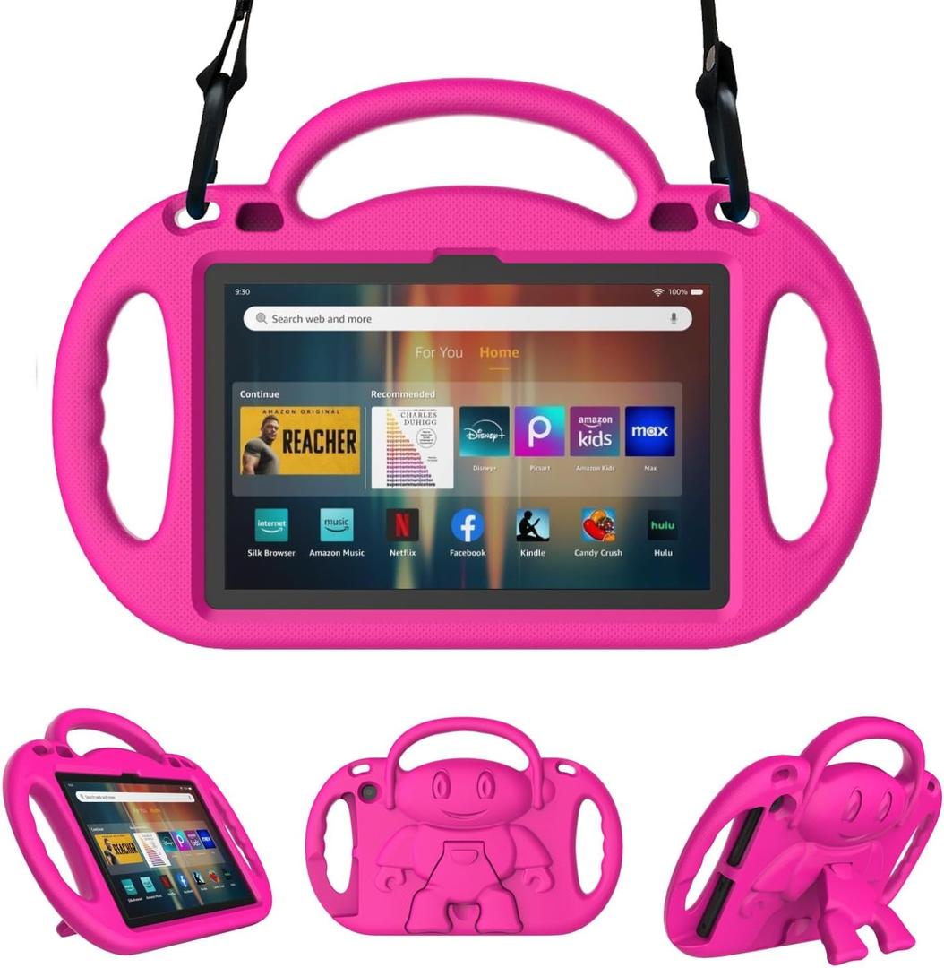 Fire HD 8 & HD 8 Plus Tablet Case for Kids(12th/10th Generation, 2024/2022/2020 Release), Sanyetral Lightweight Shockproof Cover with Shoulder Strap, Stand and Handle Not for Nokia TCL Samsung -Pink