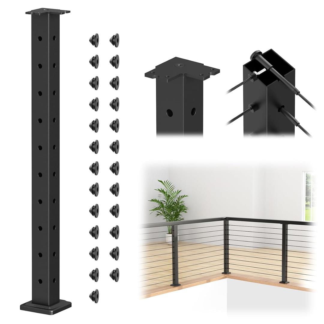36" Cable Railing Corner Post (35"x2"x2"), 3-Side T-Drilled Flat Top Surface Mount Black Corner Post, T304 Stainless Steel One-Post Corner Solution for Indoor Outdoor, MY11