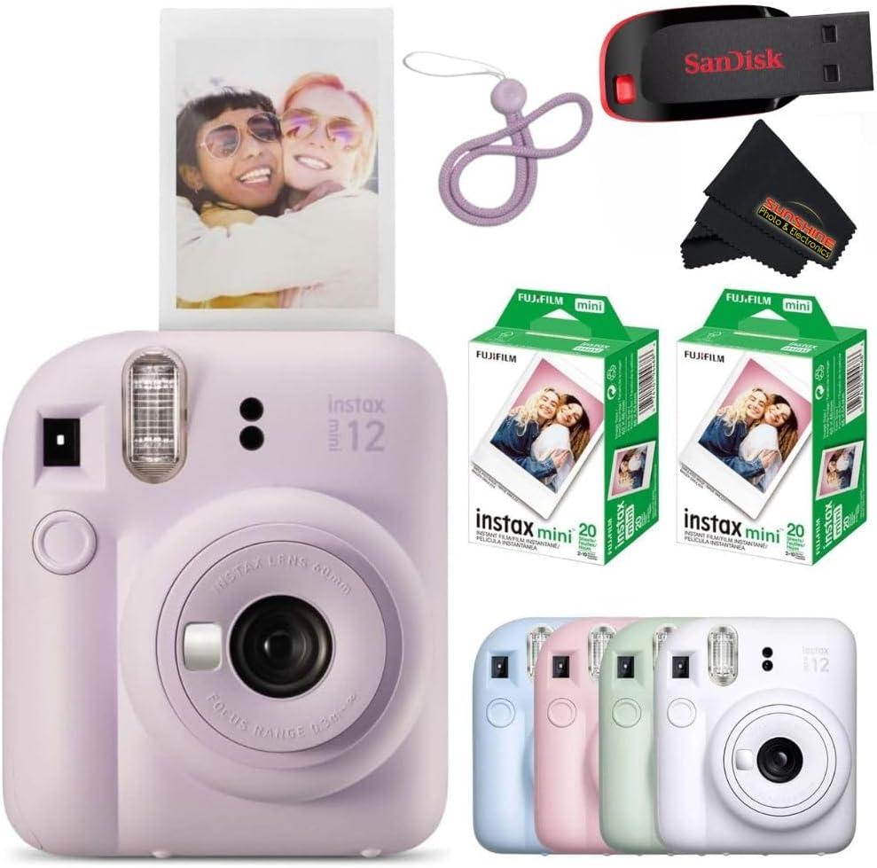 Fujifilm Instax Mini 12 Instant Camera Lilac Purple with Sandisk 32 GB USB Flash Drive + 40 Sheets Fujifilm Instax Mini Film Bundle, Sunshine Photo Microfiber Cleaning Cloth Included, Lilac Purple