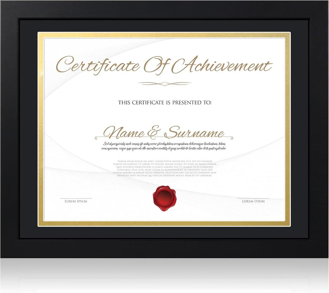 8.5x11 Diploma Frame with Real Glass - Set of 1, Black Over Gold Double Mat - Display 8.5 x 11 Document Certificate with Mat or 10x13 Pictures without Mat for Tabletop & Wall Mount
