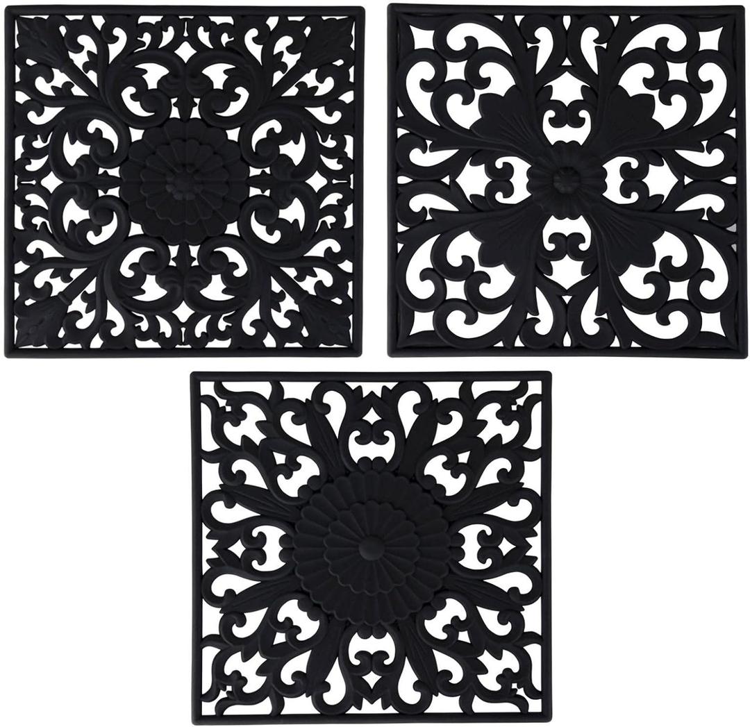 Silicone Trivets for Hot Pots and Pans, Square Non Slip Mats for Table or Counter, Multi-Use Carved Hot Pads, Flexible Modern Pad Heat Resistant Big Teapot Coaster Set of 3 Black